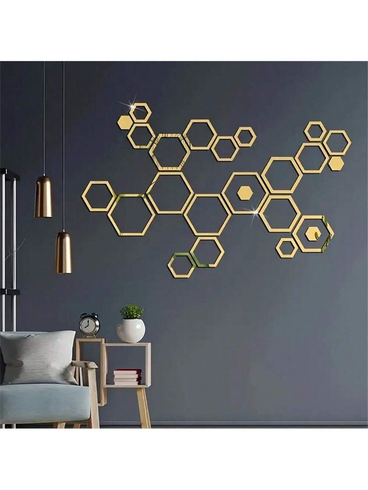 Acrylic Hexagon Ring Mirror Home & Office Walls Decor / Golden Color