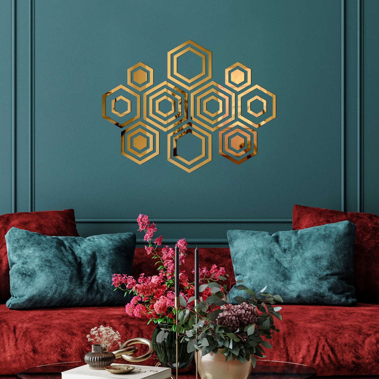 Acrylic Hexagon Ring Mirror Home & Office Walls Decor / Golden Color