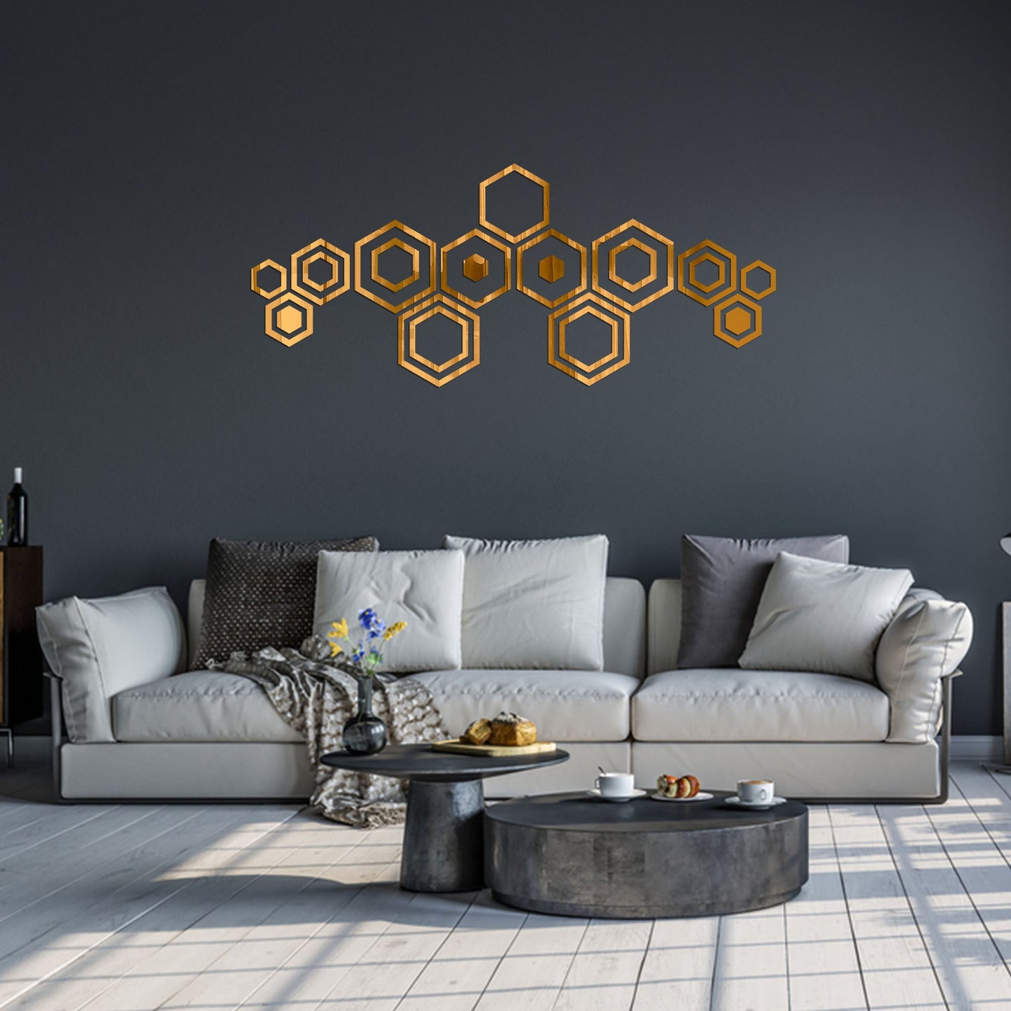 Acrylic Hexagon Ring Mirror Home & Office Walls Decor / Golden Color