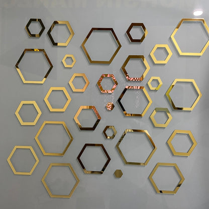Acrylic Hexagon Ring Mirror Home & Office Walls Decor / Golden Color