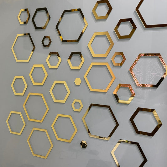 Acrylic Hexagon Ring Mirror Home & Office Walls Decor / Golden Color