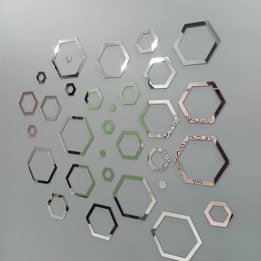Acrylic Hexagon Ring Mirror Home & Office Walls Decor / Silver Color