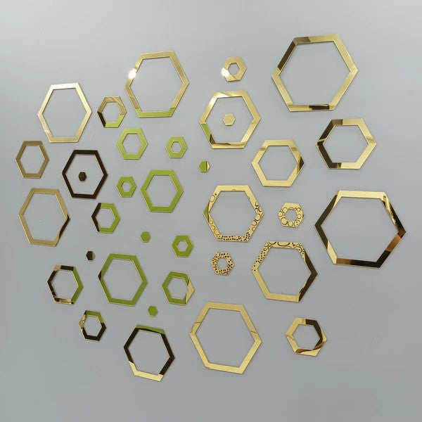 Acrylic Hexagon Ring Mirror Home & Office Walls Decor / Golden Color