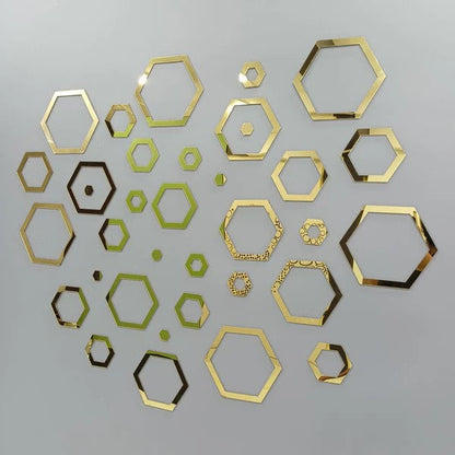 Acrylic Hexagon Ring Mirror Home & Office Walls Decor / Golden Color