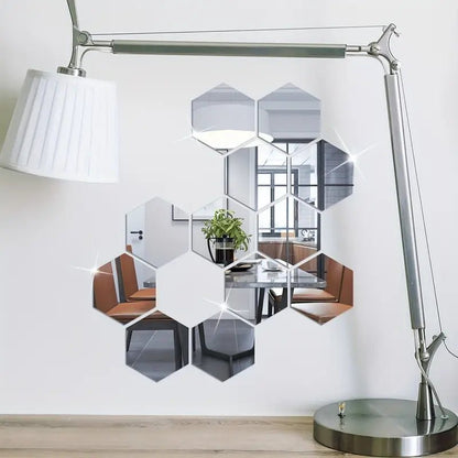 3D Hexagon Mirror Wall Stickers / Silver Color