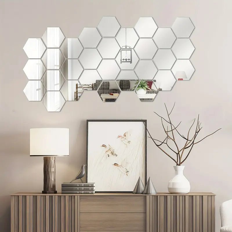 3D Hexagon Mirror Wall Stickers / Silver Color